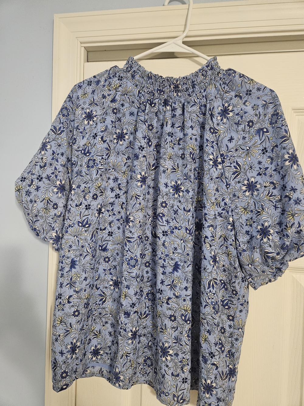 LOFT Light Blue Floral Smocked-Neck Blouse